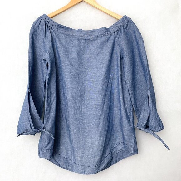 Free People Women's Chambray Top Show Some Shoulder 3/4 Sleeves size XS - Picture 2 of 8